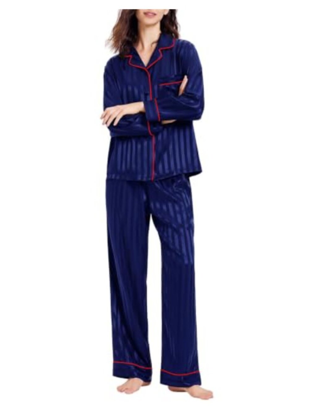 Women's Silk Satin Pajama Set Notch Collar Button Top Drawstring Waist